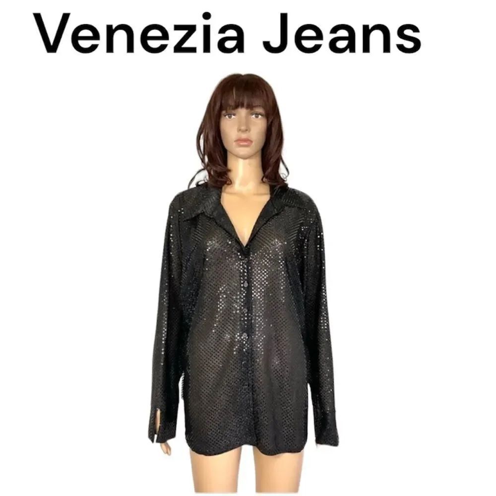 Venezia Black Sequin Sparkle Disco Button-Down Long Sleeve Sheer Top Plus 18/20